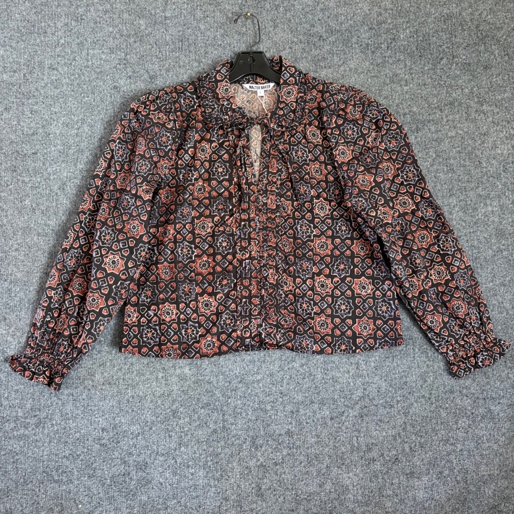 Walter Baker Cameron Top Women Large Mosaic Print Tie Neck Ruffle Pintuck Blouse